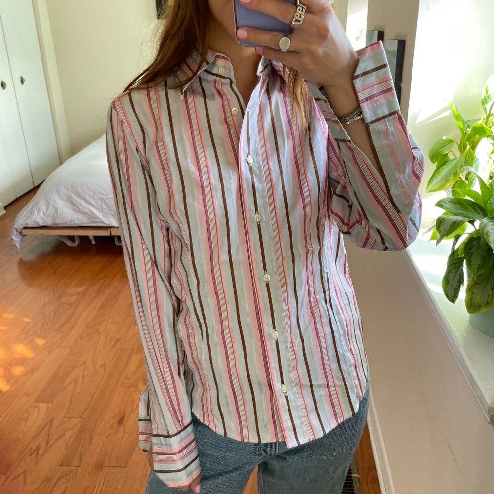 Etro Vintage Striped Button Up Blouse White Pink Size 40